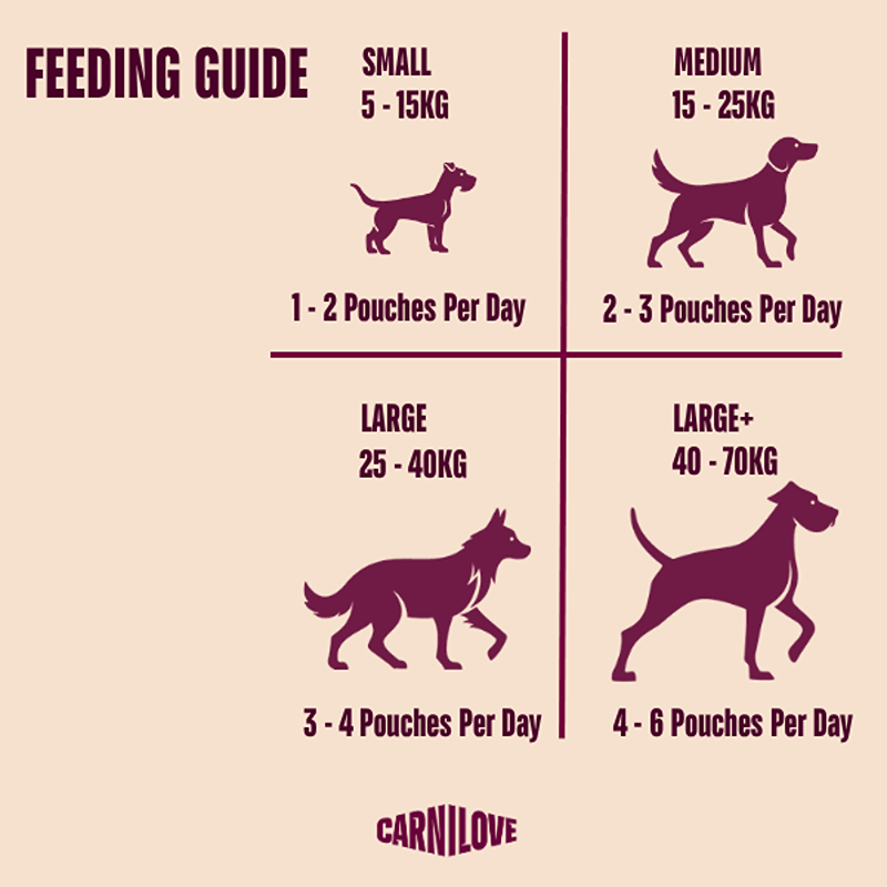 Carnilove Turkey &amp; Pheasant 300g: grain-free wet food pouches—guide by dog size.