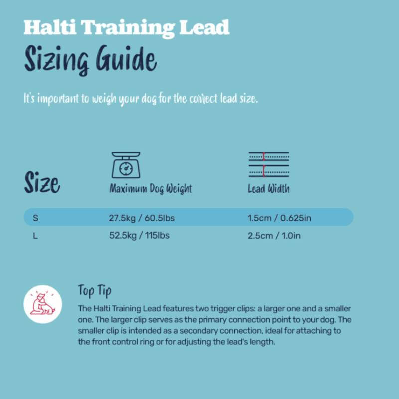 Halti Dog Training Lead guide: S & L sizes with weights, widths, and enhanced no-pull control.