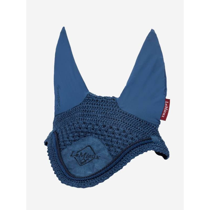 LeMieux Classic Fly Hood Atlantic: blue crochet fly hood with fabric ears and logo patch.