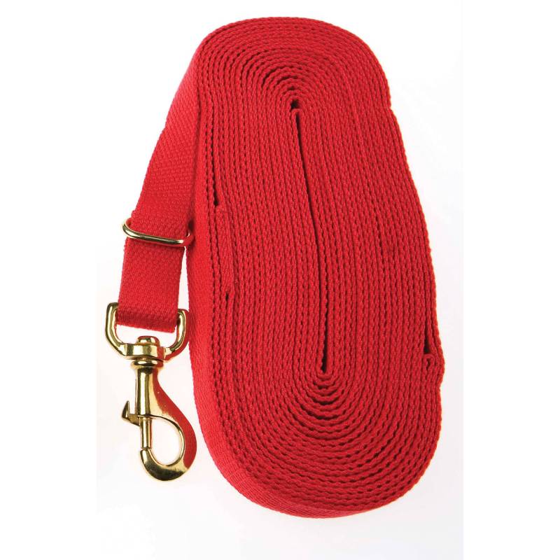 The Kincade Lunge Rein: red, coiled, brass clasp & metal ring—great for training horses.