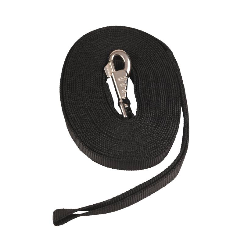 Kincade Lunge Rein: black nylon with metal clip, loop handle; ideal for horse training.