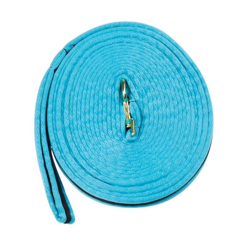 Kincade Brights Two Tone Padded Lunging Rein, blue, rolled up with metal clip, top view.
