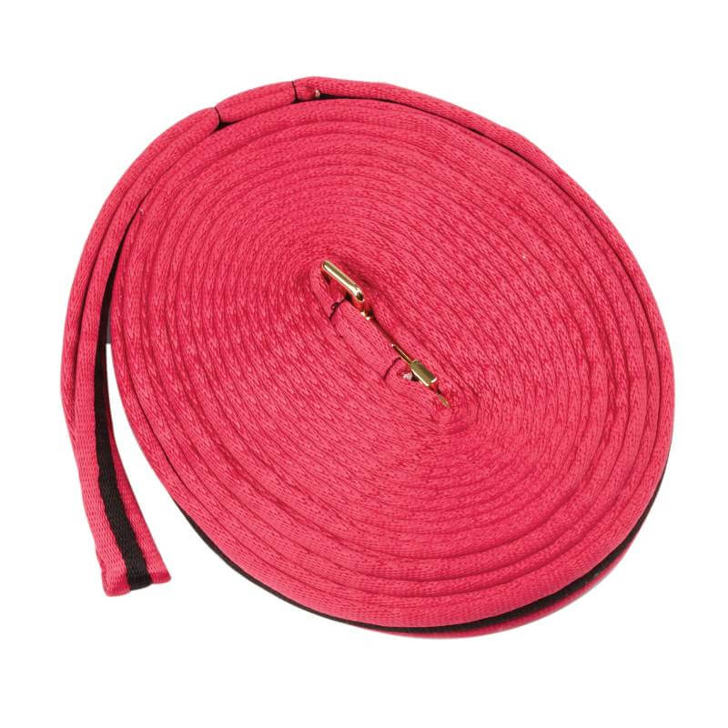 A Kincade Brights two tone lunge rein with center clip, shown coiled from above.