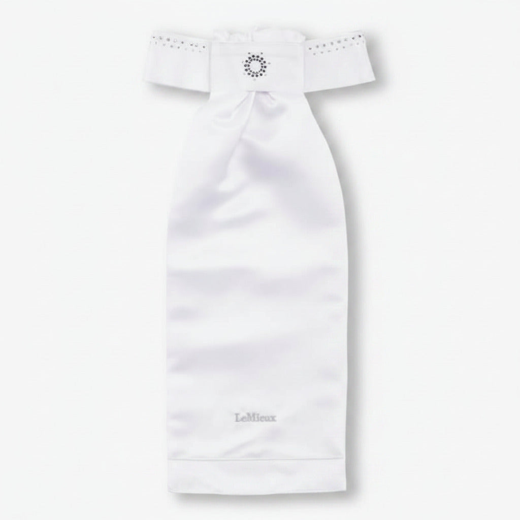 LeMieux Brilliance Stock White/Navy—luxury satin tie with crystals and LeMieux logo trim.