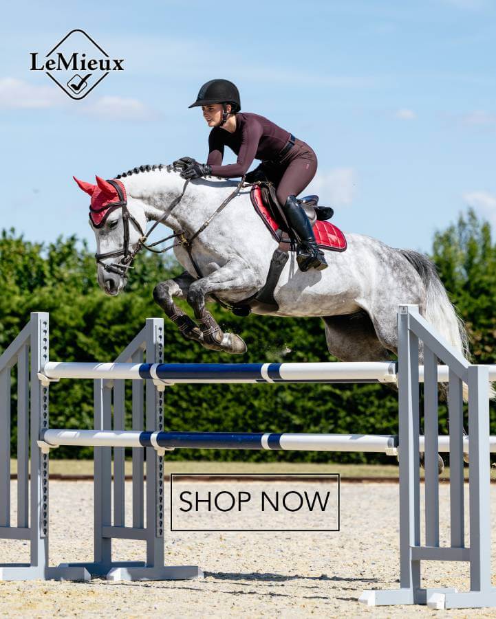 Equestrian jumping over a hurdle with 'LeMieux' branding