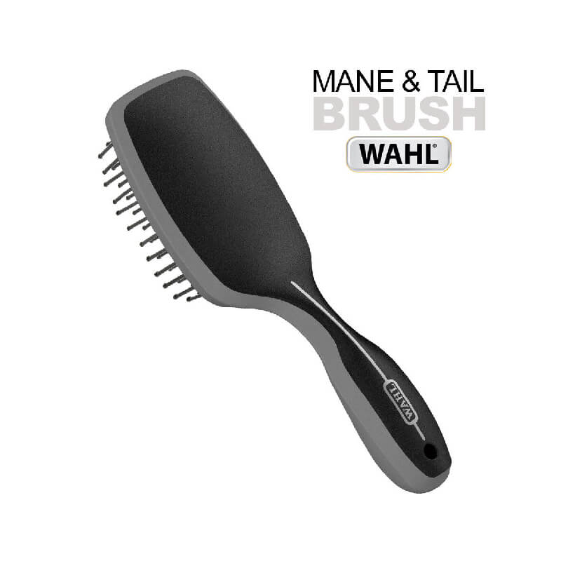 Wahl Mane & Tail Brush by Wahl for horse grooming with text in the background.
