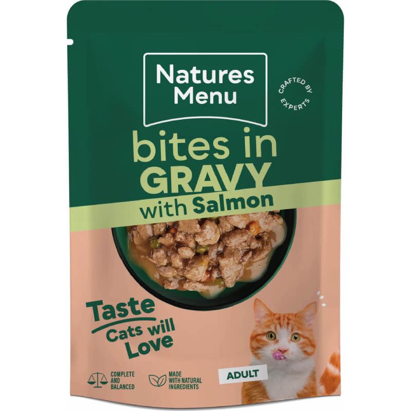 Natures Menu Bites in Gravy Cat Pouch Multipack, 24x85g, natural ingredients, salmon flavor.