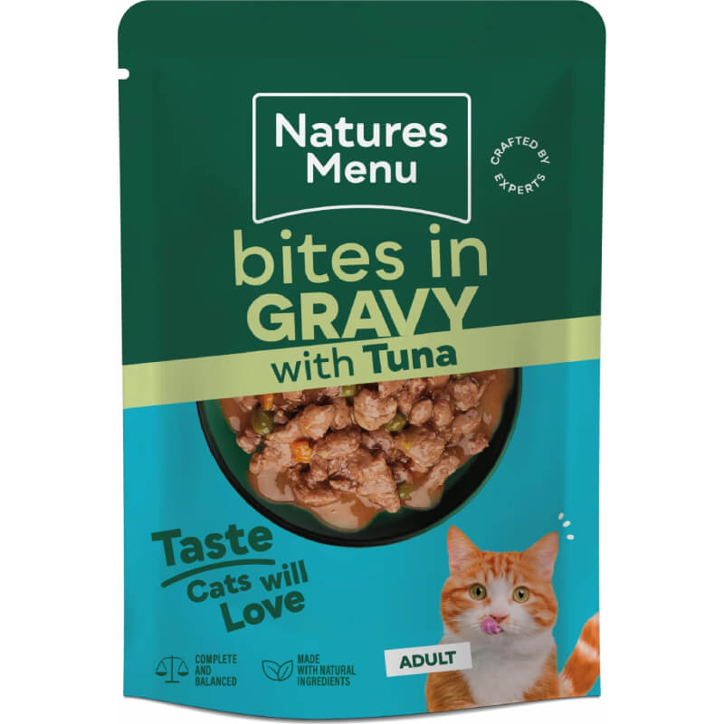 Natures Menu Bites in Gravy Cat Pouch 12x85g, green pack with orange cat and natural ingredients.
