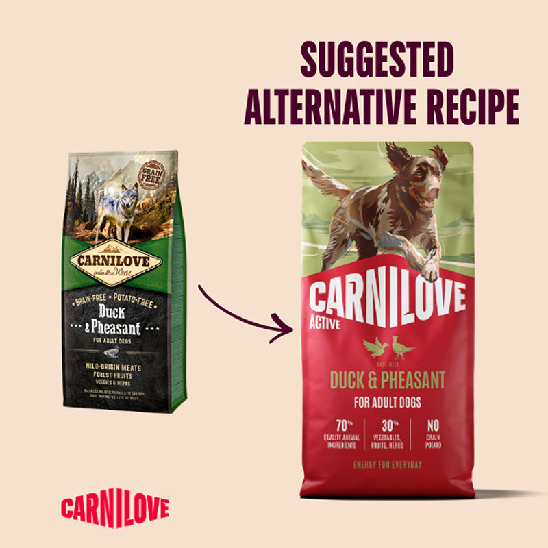 Two Carnilove Active Duck & Pheasant Dog Food bags with an arrow to a grain-free option.