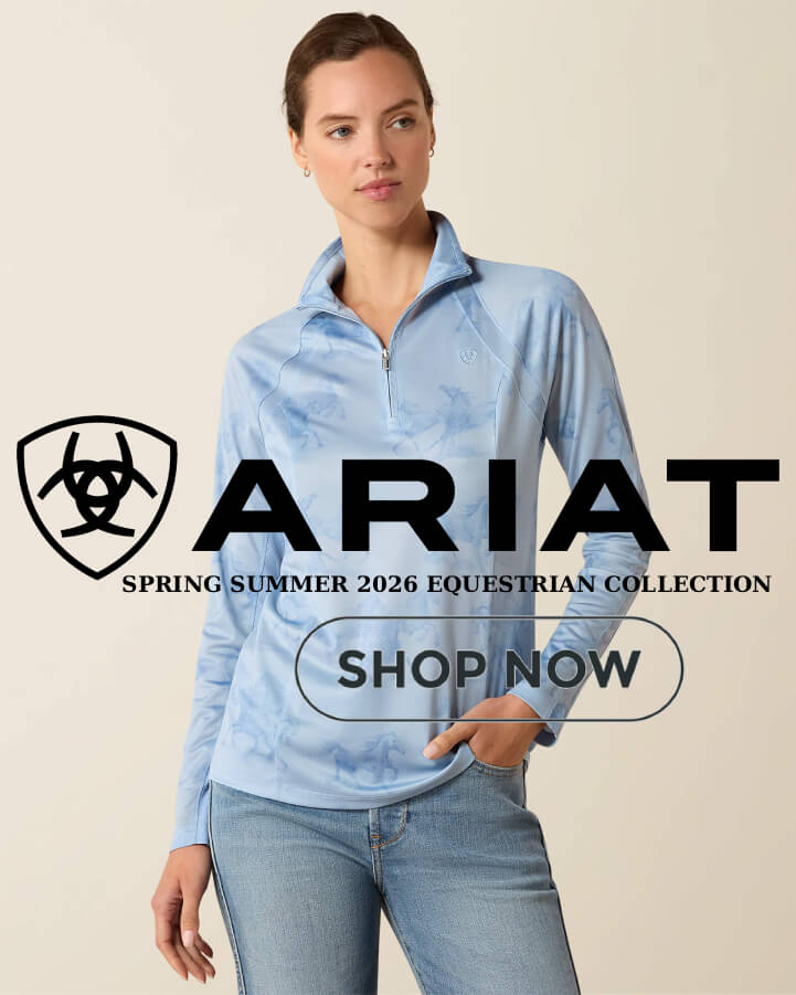 Woman in a light blue top featuring ARIAT Spring Summer 2026 Equestrian Collection branding.