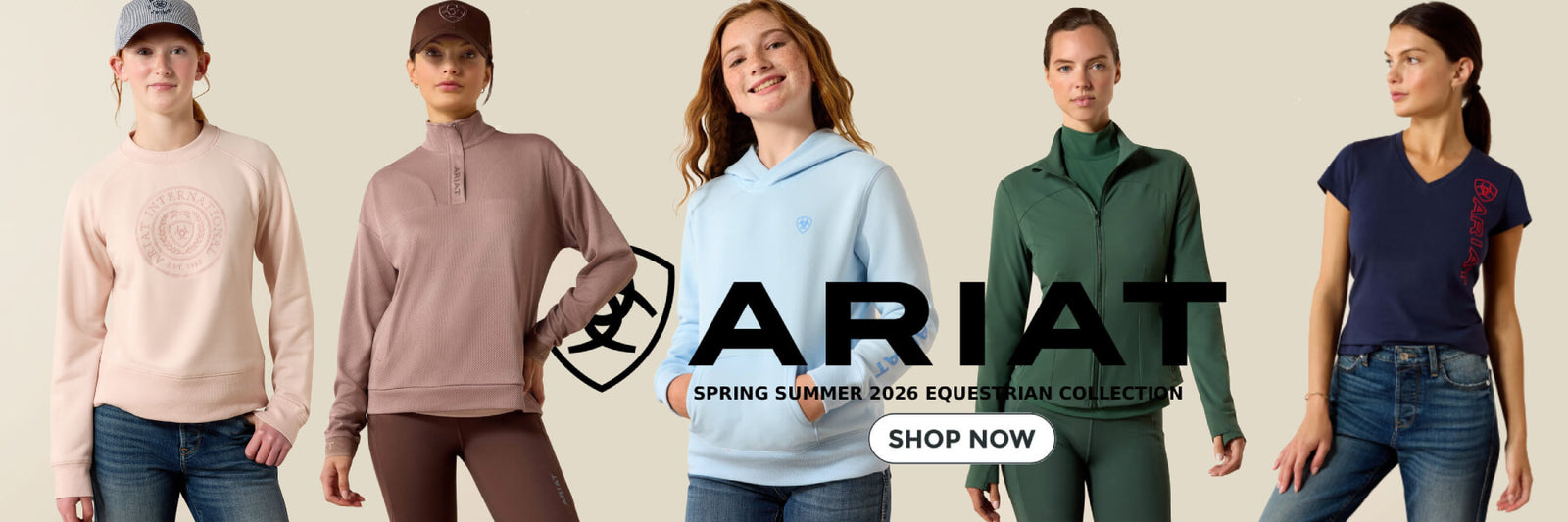 Five women in Ariat equestrian clothing showcase the Spring Summer 2026 collection and logo.