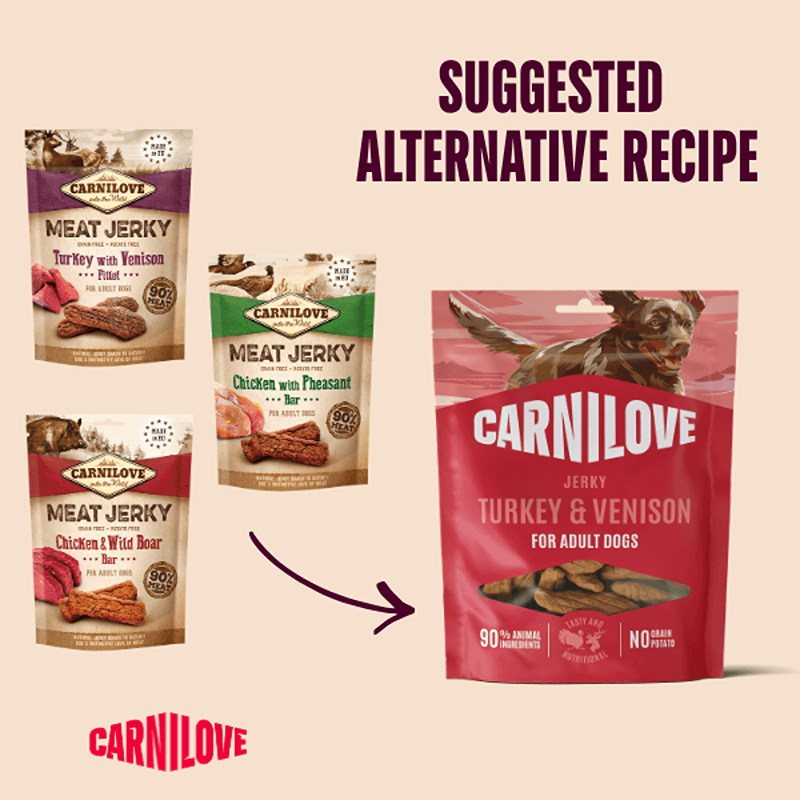 Four Carnilove treat bags plus a larger Jerky Turkey &amp; Venison 100g bag with arrow and text.