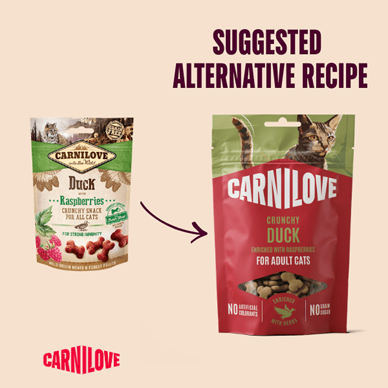 Two Carnilove Duck with Raspberries Cat Treats 50g bags, arrow points to an alternative recipe.