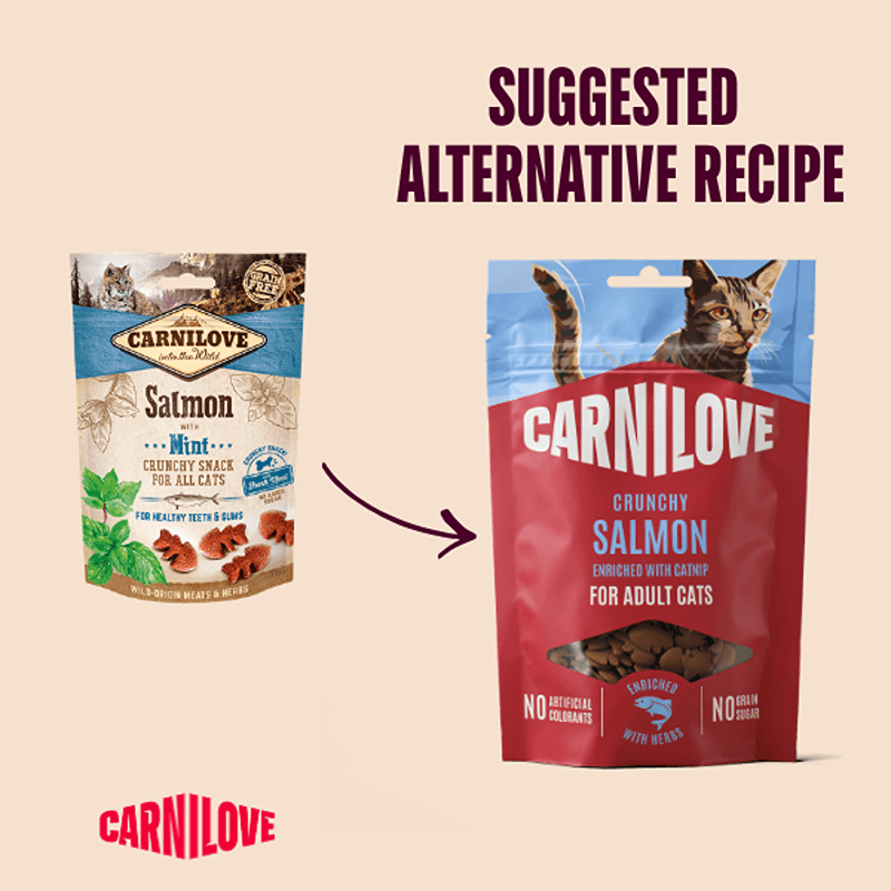 Two Carnilove Salmon with Catnip Cat Treats 50g packs, with an arrow pointing between them.
