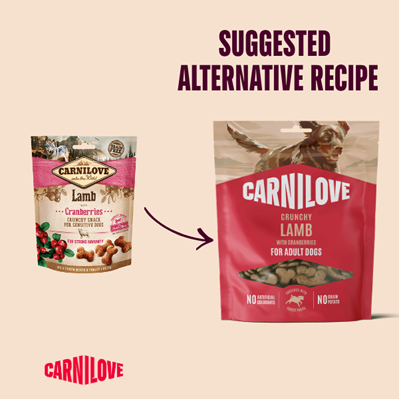 Two Carnilove Lamb with Cranberries Dog Treats 200g bags with "Suggested Alternative Recipe.