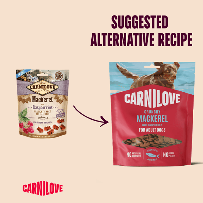 Two Carnilove Mackerel with Raspberries Dog Treats 200g bags, arrow from left to right bag.