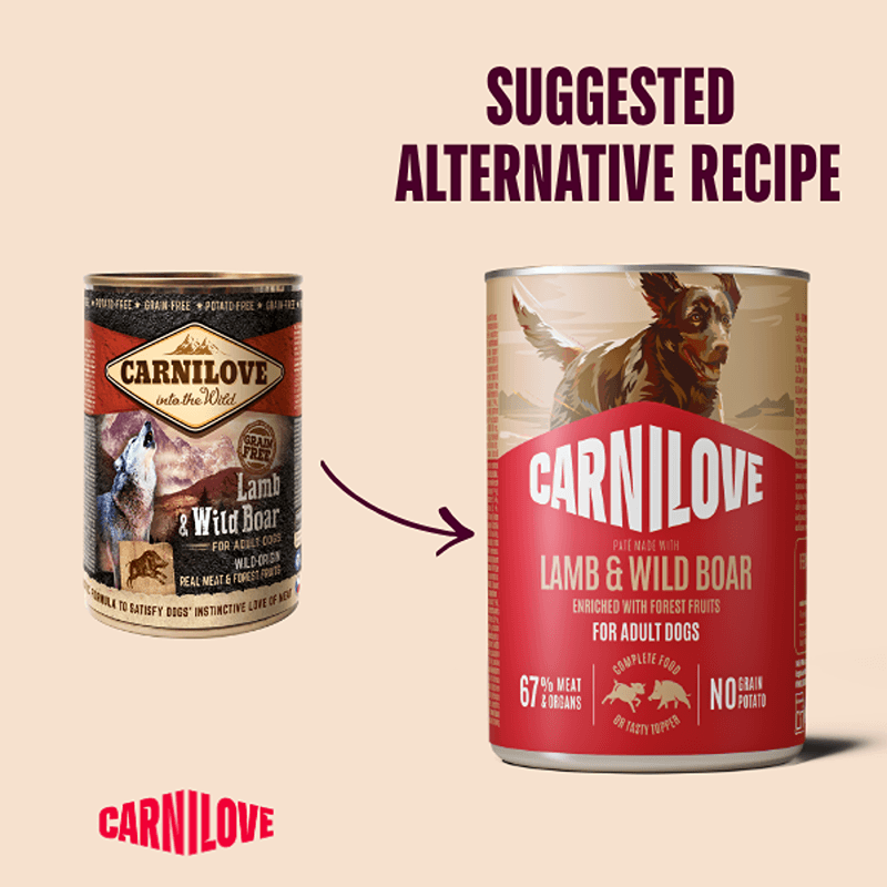 Two cans of Carnilove Lamb &amp; Wild Boar Dog Food 400g Can with arrow, Suggested Alternative Recipe.