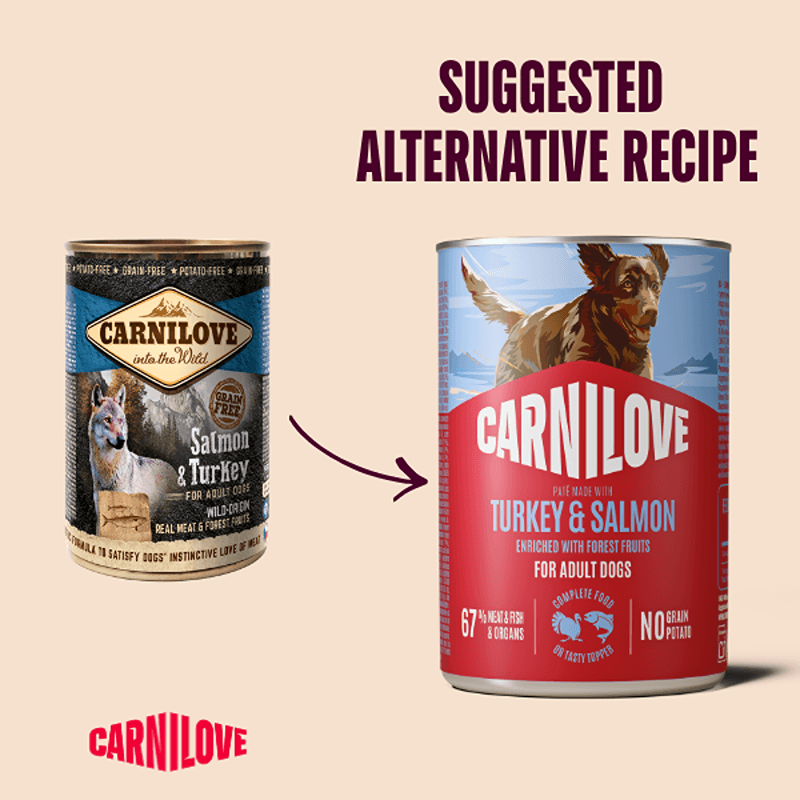 Two cans of Carnilove Turkey &amp; Salmon Dog Food 400g with arrow and 'Suggested Alternative Recipe' text.