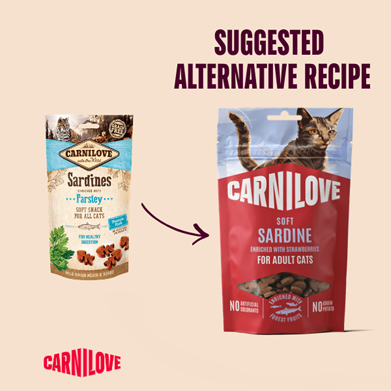 Two Carnilove Sardine with Strawberry Cat Treats 50g bags; suggested soft treat recipe.
