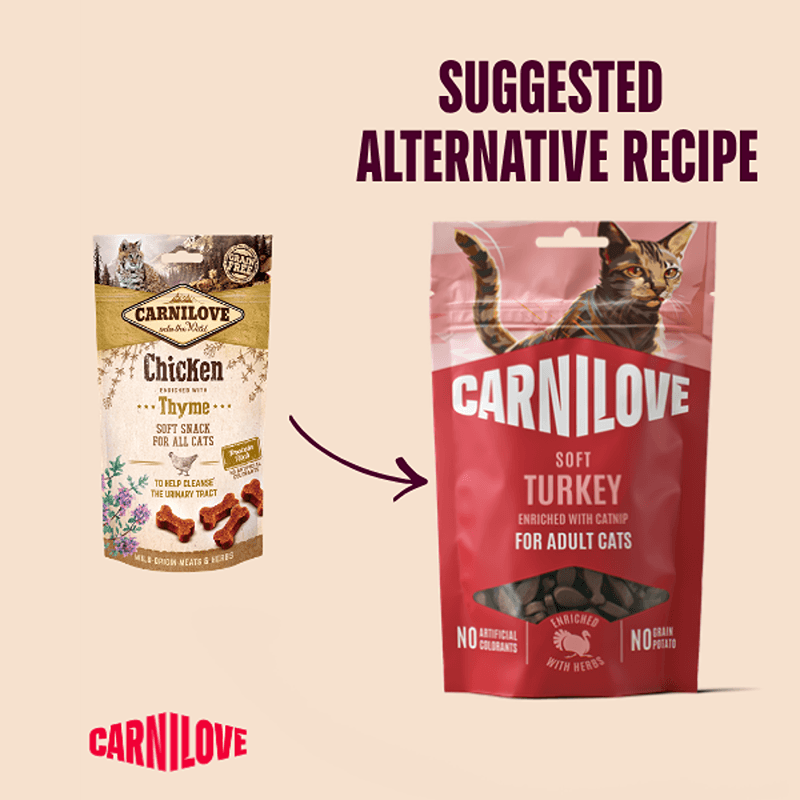 Two Carnilove treat bags, with an arrow pointing to Turkey with Catnip Cat Treats 50g.