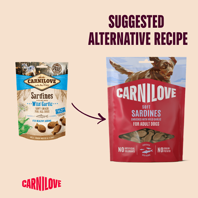 Two Carnilove Sardines with Wild Garlic Dog Treats 200g bags and “Suggested Alternative Recipe”.