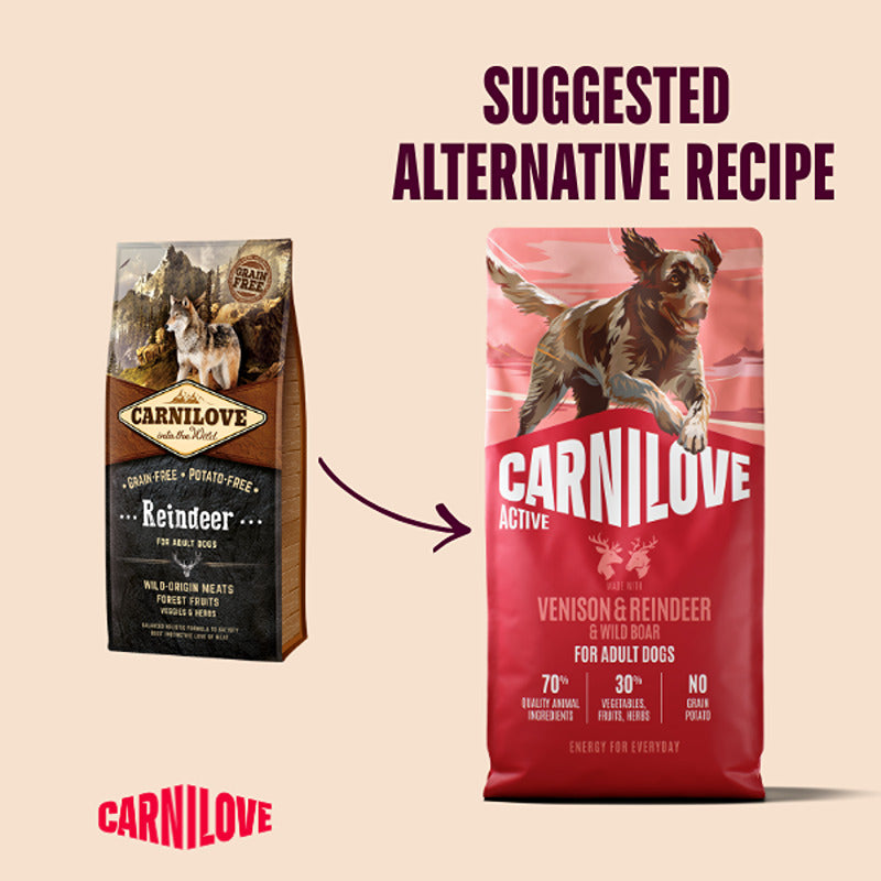 Two Carnilove Active Venison, Reindeer & Wild Boar bags with "Suggested Alternative Recipe" arrow.