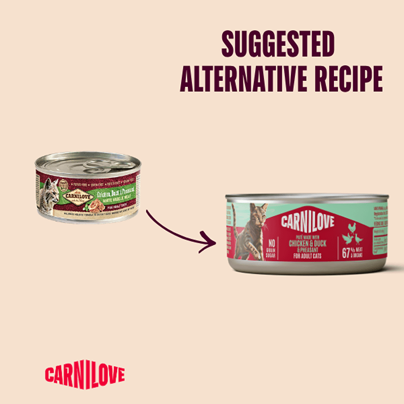 Two cans of Carnilove Chicken, Duck &amp; Pheasant Adult Cat Food 100g with an arrow indicating switch.