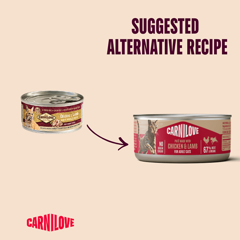 Two cans of Carnilove Chicken &amp; Lamb Adult Cat food, suggesting a different Carnilove recipe.