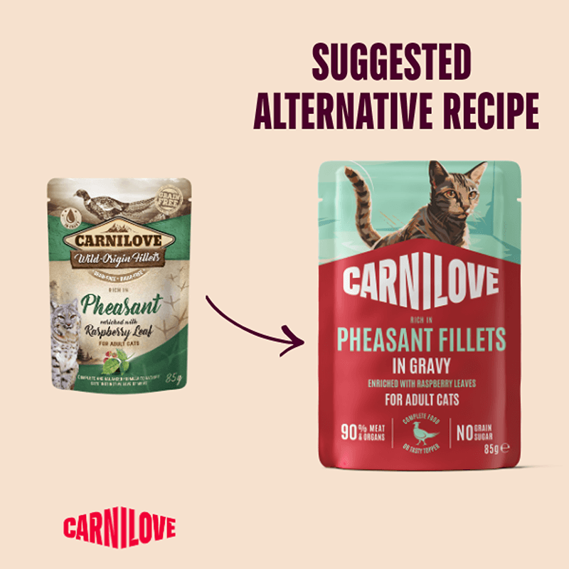 Two Carnilove Gravy Pheasant with Raspberry Leaves Cat Food 85g Pouches: Suggested Alternative Recipe.