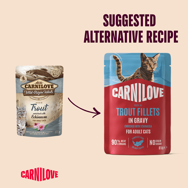 Two Carnilove Gravy Trout with Echinacea Cat Food 85g Pouches, arrow from one to the other.