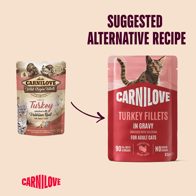 Two Carnilove Gravy Turkey with Valerian Cat Food 85g pouches as a wet recipe alternative.