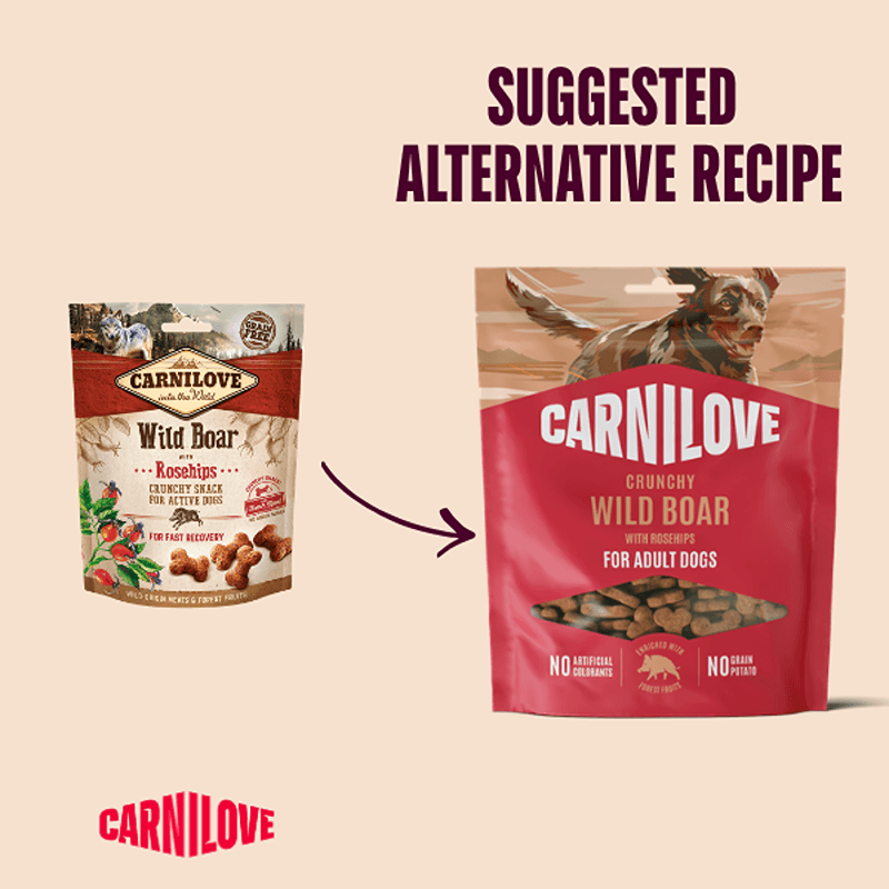 Two Carnilove Wild Boar with Rosehips Dog Treats packs with an arrow for alternative recipe.