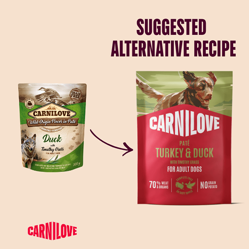Two Carnilove Turkey & Duck with Timothy Grass Dog Food Pouches, 300g each, with arrow.