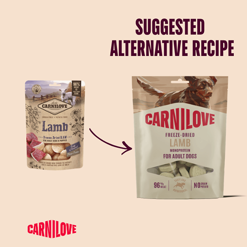 Carnilove Freeze-Dried Dog Treats Lamb 60g with arrow and Suggested Alternative Recipe.
