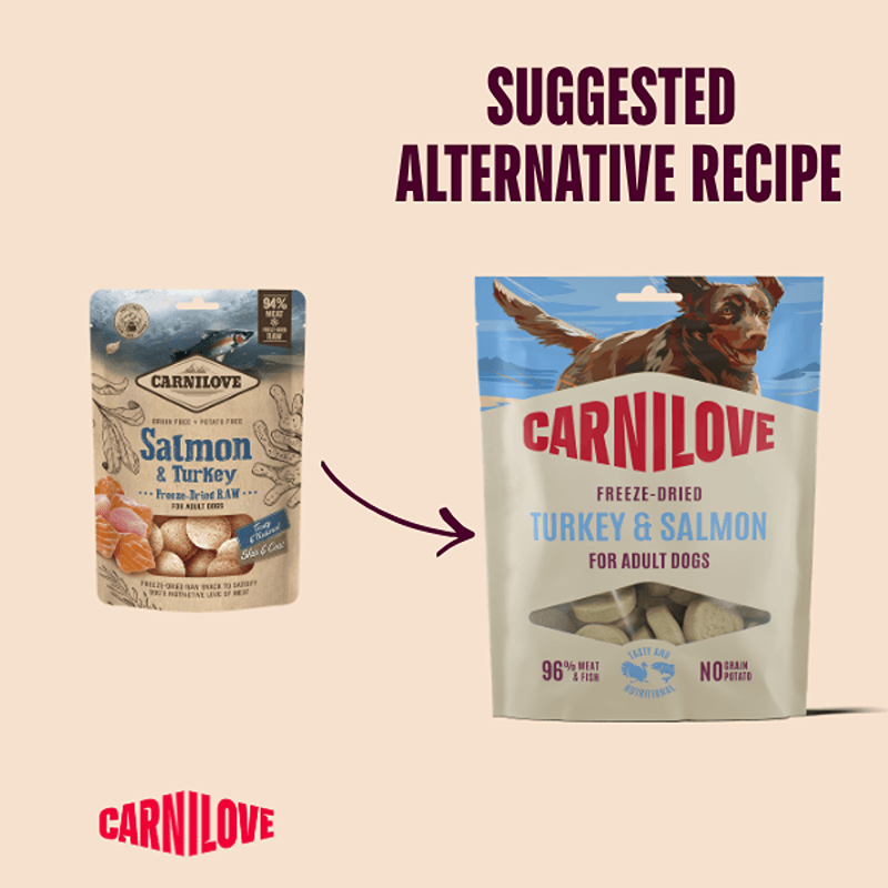 Two Carnilove Freeze-Dried Dog Treats Turkey &amp; Salmon 60g bags with "Suggested Alternative" text.