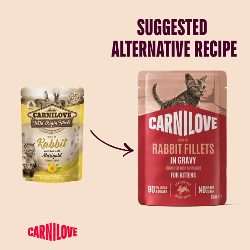 Two Carnilove Gravy Rabbit with Marigold Kitten Food pouches and an arrow: Suggested Alternative Recipe.