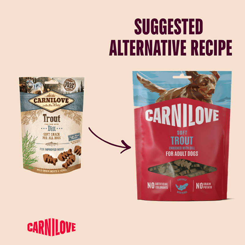 Two Carnilove Trout with Dill Dog Treats 200g packs and an arrow to a recipe alternative.