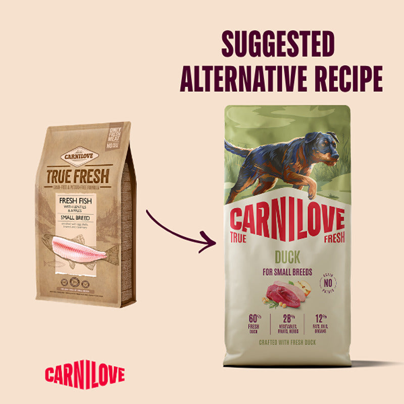 Two Carnilove grain free dog foods: True Fresh Duck Small Breed and fish, plus other options.