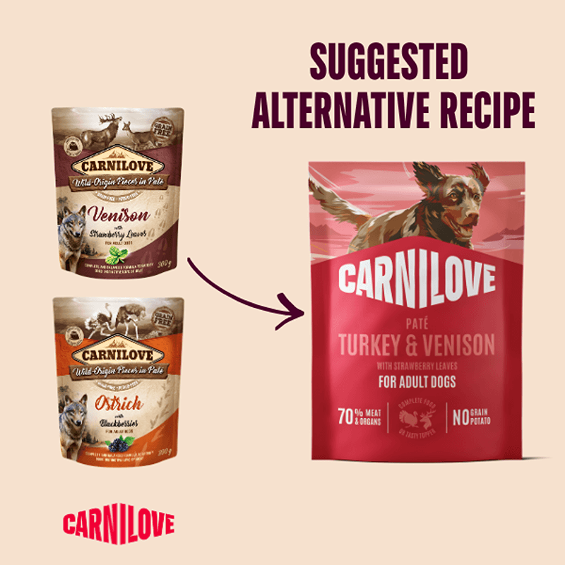 Two Carnilove Turkey &amp; Venison 300g pouches to a larger grain-free wet dog food bag.