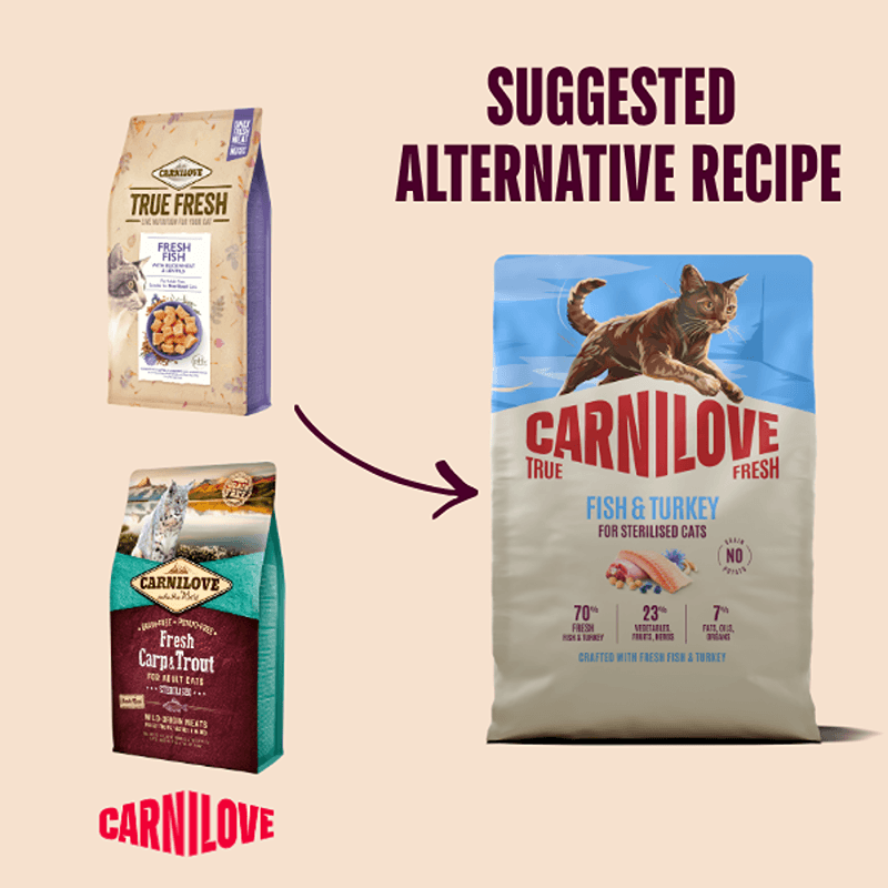 Carnilove True Fresh Fish &amp; Turkey Cat Food with arrows highlighting fish and turkey flavors.