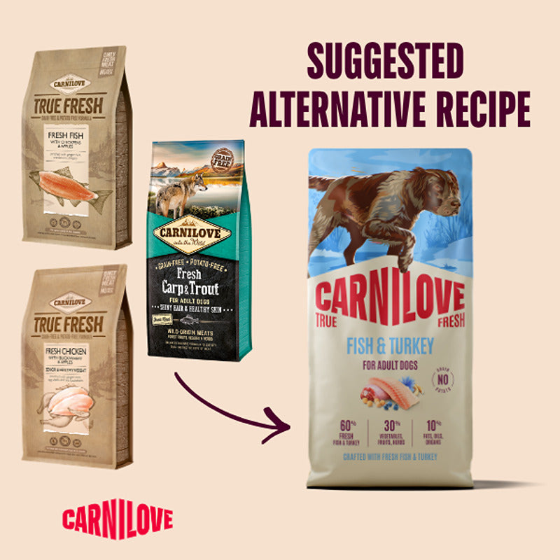 Try Carnilove True Fresh Fish & Turkey, a grain-free, omega-3 rich dog food alternative.