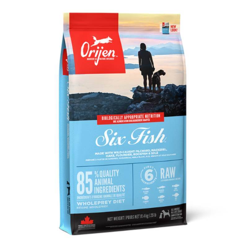 Orijen Six Fish Protein Rich Dry Dog Food with a person and dog in a scenic landscape.