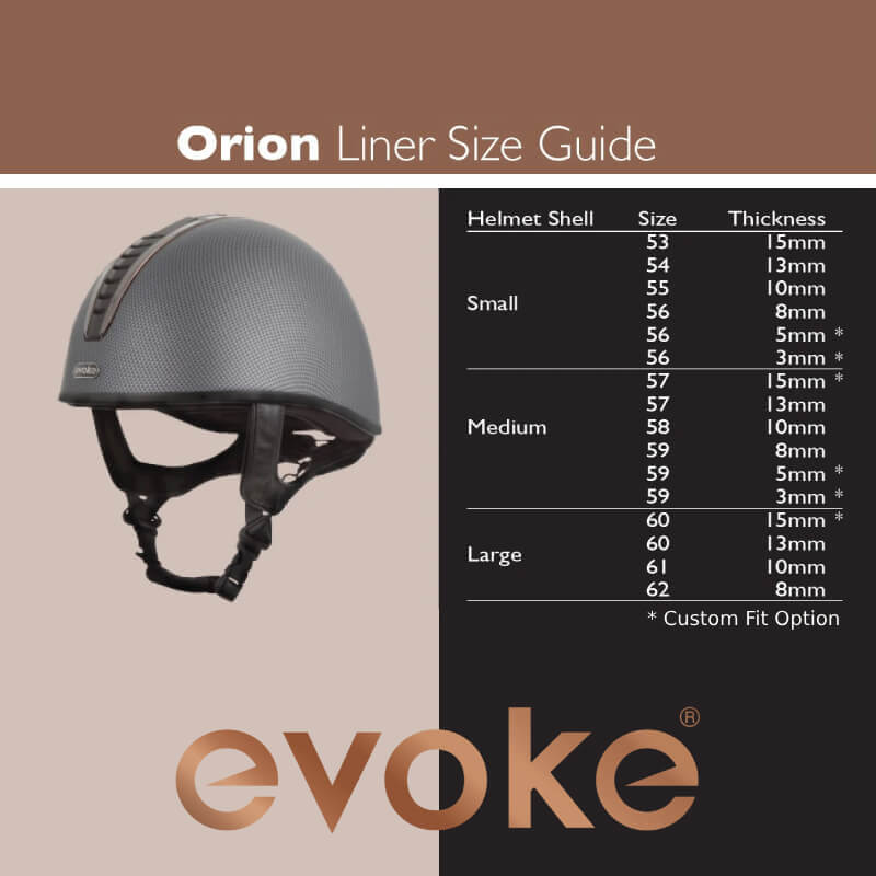 Evoke Orion Jockey Skull helmet in Carbon/Gunmetal/Black with liner size and thickness chart.