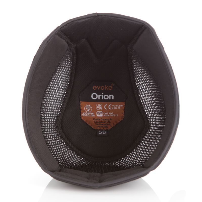 Evoke Orion removable black padded helmet liner with mesh sides and center label.