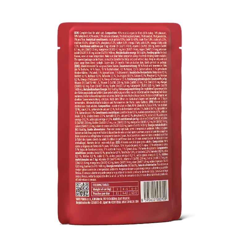 Back of Carnilove Gravy Pheasant Cat Pouch 24x85g showing dense white text and barcode.