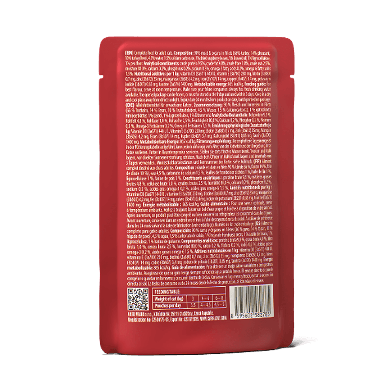 Back of Carnilove Jelly Pheasant with Raspberry Leaves 85g pouch showing nutrition info.