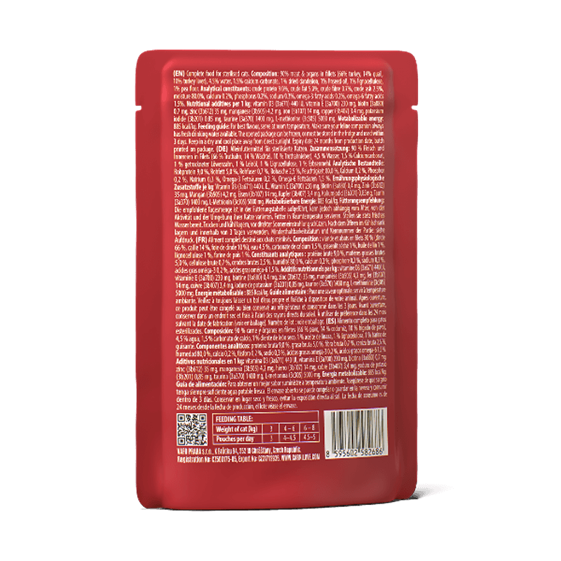 Back of Carnilove Gravy Quail with Dandelion Cat Pouch 24x85g: ingredients and feeding guide.