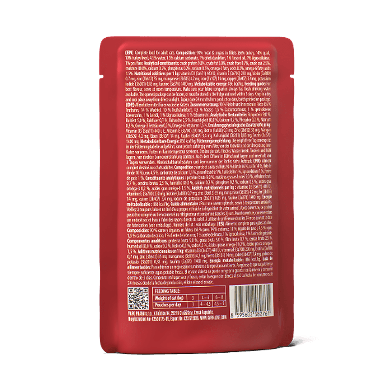Back of Carnilove Jelly Quail with Dandelion Cat Food 85g pouch with multi-language info.