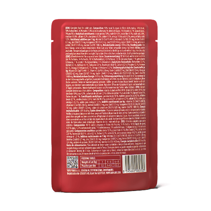 The back of a Carnilove Gravy Trout with Echinacea Cat Food 85g pouch with white text and barcode.