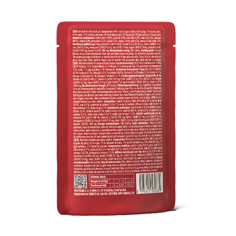 Back of Carnilove Gravy Turkey with Valerian 85g pouch showing ingredients and nutrition info.